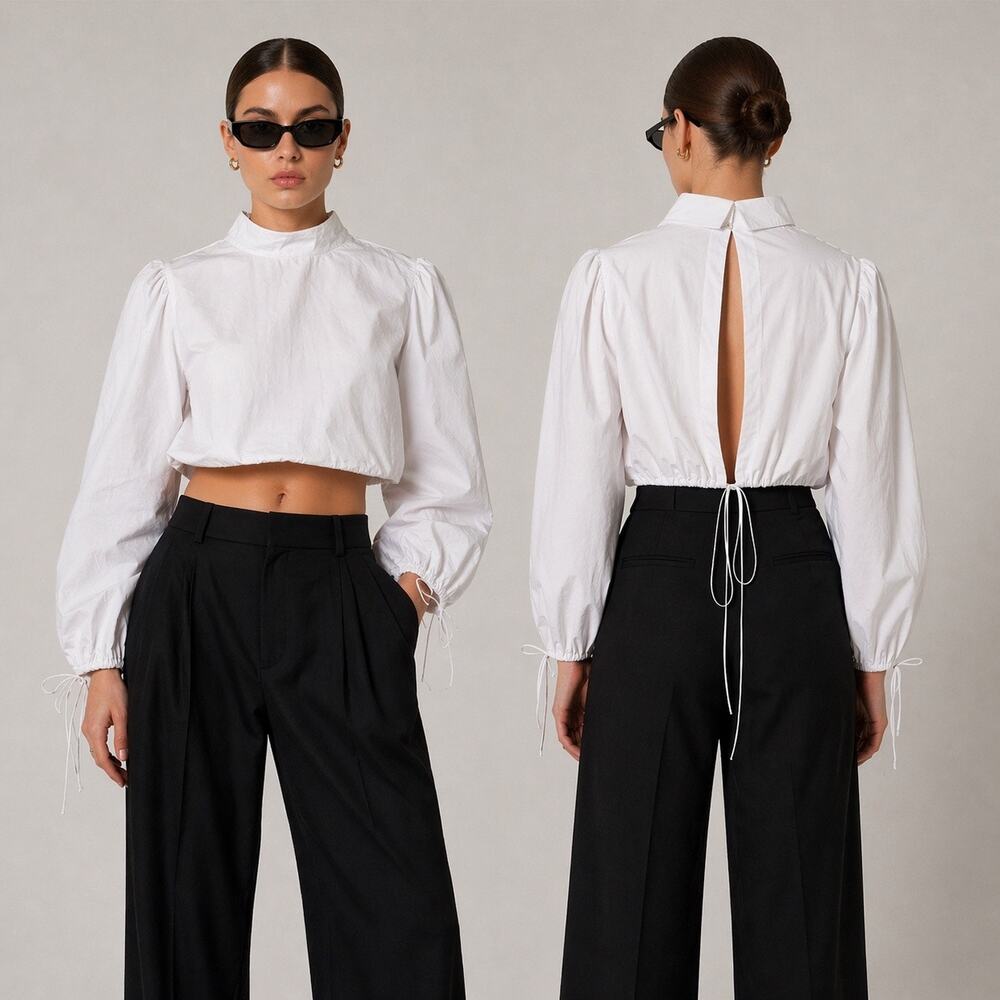 Helsa White Poplin Cropped Blouse High Neck Open Back Poet Structured Small